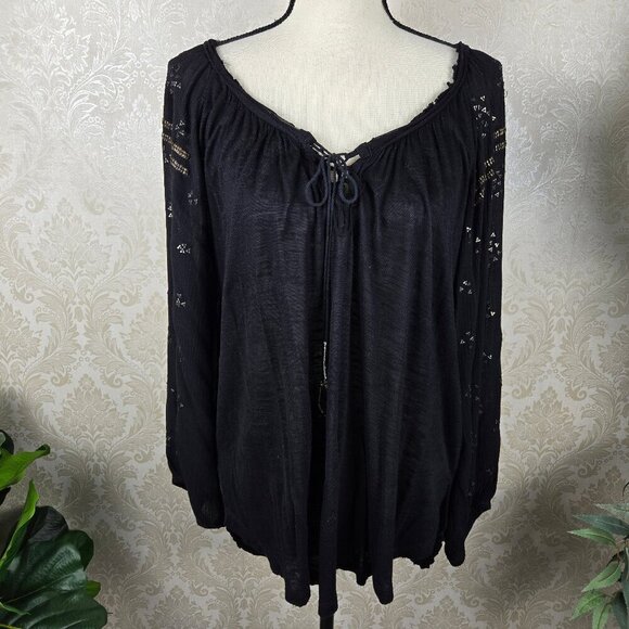 Free People Size Small Black Peasant Top Tie Scoop Neck Long Sleeve Embellished - Picture 1 of 16